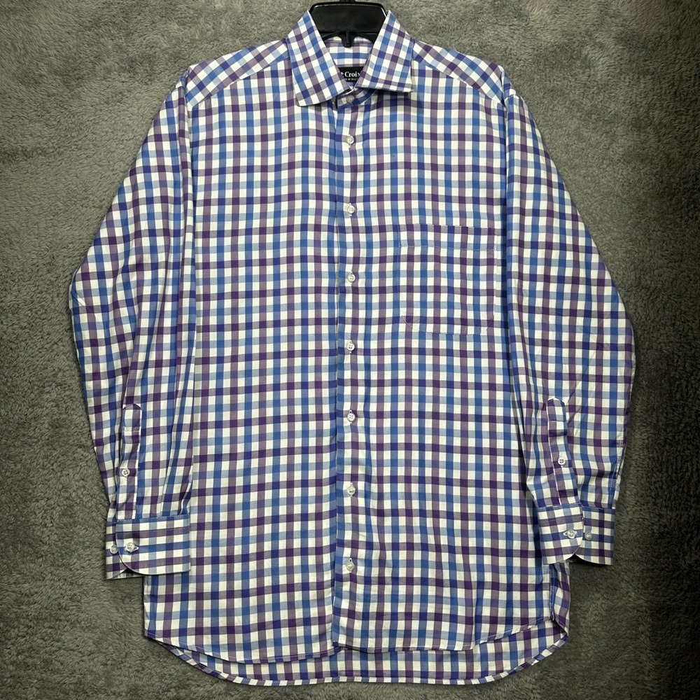 St Croix Button Down Shirt Mens M Blue Purple Gingham Check Made in Italy Cotton